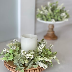 farmhouse candle ring Beautiful melody of spear shaped leaves clusters of cream berries and spires, 10-in outter 3-in inner small wreath image 10