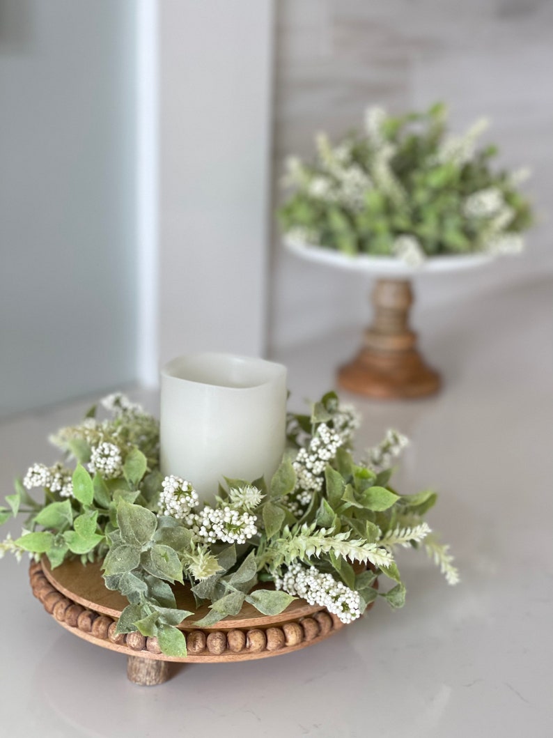 farmhouse candle ring Beautiful melody of spear shaped leaves clusters of cream berries and spires, 10-in outter 3-in inner small wreath image 10