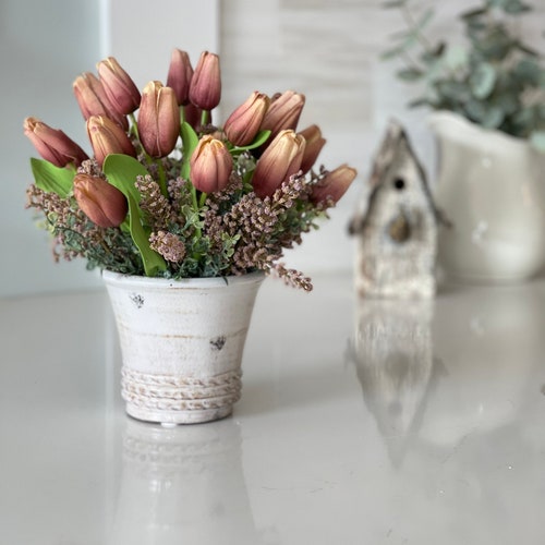 Summer French country/farmhouse style real touch tulips arrangement vintage inspired shops glazed vase spring centerpieces