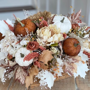 LARGE Fall/autumn pumpkin flower arrangement, large brown, burnt orange gold, white pumpkins, fall autumn flowers, light stained pine box image 6