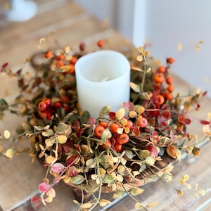 May include: A white pillar candle sits in the center of a fall-themed wreath. The wreath is made of faux greenery with small orange and red berries.