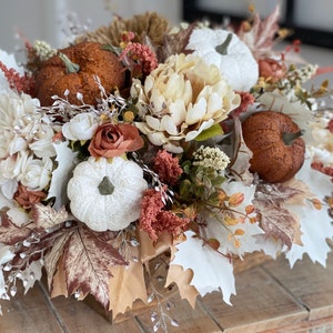 LARGE Fall/autumn pumpkin flower arrangement, large brown, burnt orange gold, white pumpkins, fall autumn flowers, light stained pine box image 4