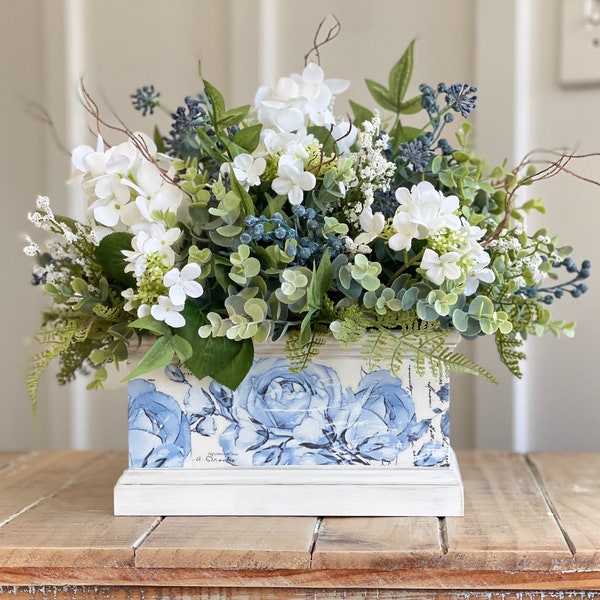 Pretty Farmhouse/coastal/beachy white and blue floral arrangement with blueberry white hydrangeas eucalyptus, tabletop or centerpiece