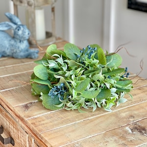 SALE Farmhouse half sphere, bowl filler with large leaf Eucalyptus and blue berry clusters, easy spring home decorating, half orb greenery