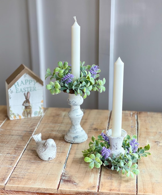 Frühling/Ostern Bauernhaus Paar Kerzenringe, französisches Land, Salbei und Lavendel Kerzenring, 15,5 cm außen / 2 im inneren konischen Kerzenring