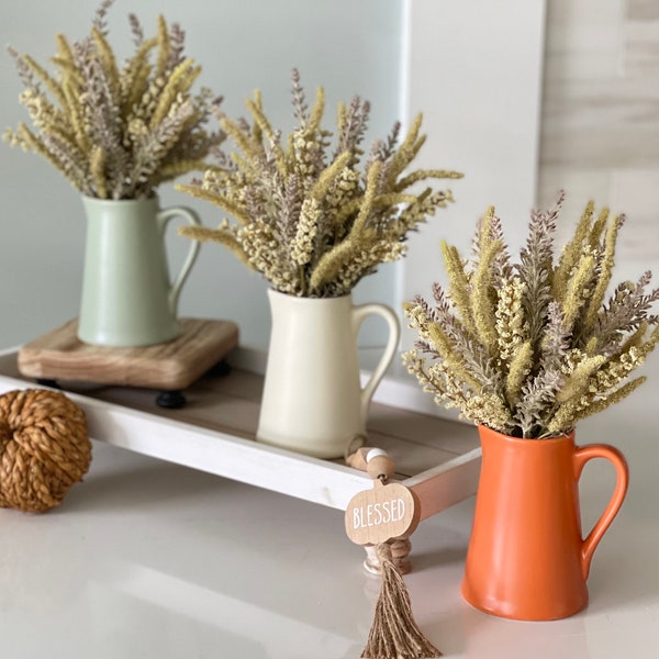 Fall Farmhouse rustic country small floral arrangement with fall cream/tan bursting astilbe/wheat flowers in ceramic pitcher, 3 colors