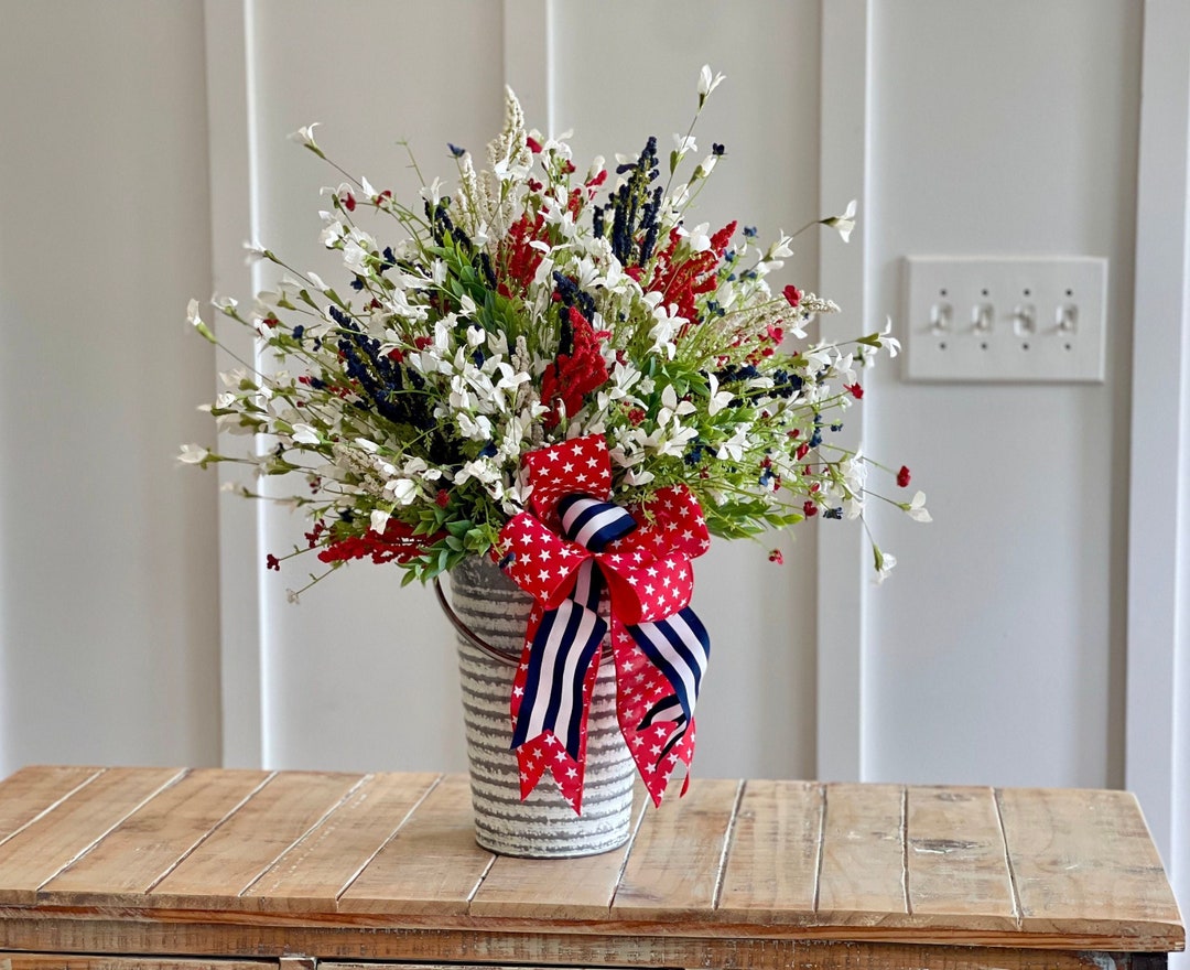 Extra Large Farmhouse Red White Blue Tall Floral Arrangement, Fourth of