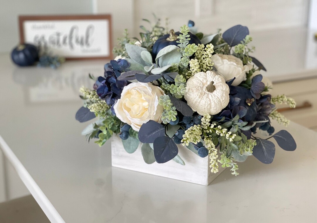 Fall Navy Blue White Farmhouse Floral Arrangement Large - Etsy
