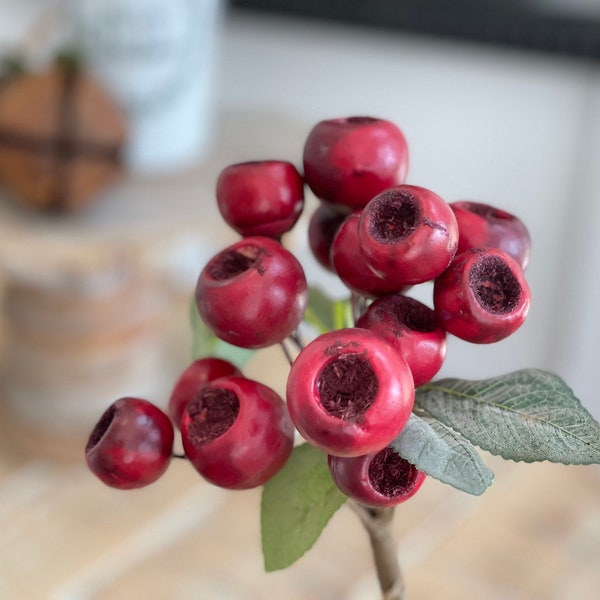 Christmas pick stem ,for floral decorating, deep red burgundy large pod cluster with brown paper wrapped stem, 12 in long, Cardiff pod pick