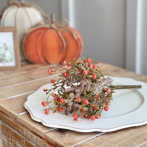 Fall greenery stems, fall weathered eucalyptus with orange pumpkin berries and lavender style flowers for fall neutral foliage decorating