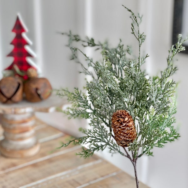 Christmas winter cedar stem, silver snowy structural cedar , a natural pinecone, 18" long, farmhouse winter decor, uses in vases, containers