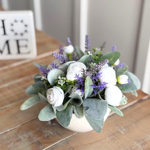Small Easter floral arrangement ,white bowl, French county, spring flowers tabletop home accent, small centerpiece, purple and white flowers