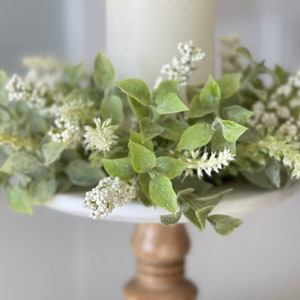 farmhouse candle ring Beautiful melody of spear shaped leaves clusters of cream berries and spires, 10-in outter 3-in inner small wreath image 4