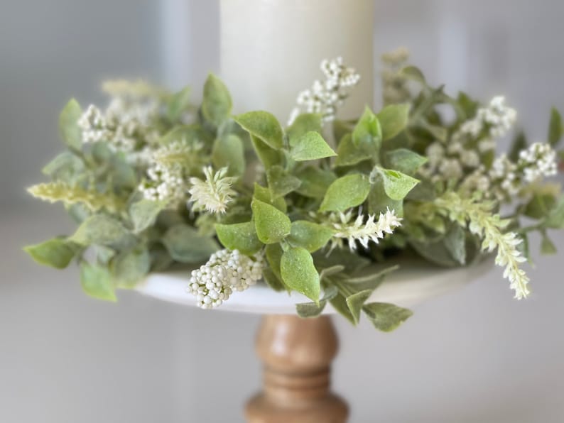 farmhouse candle ring Beautiful melody of spear shaped leaves clusters of cream berries and spires, 10-in outter 3-in inner small wreath image 4