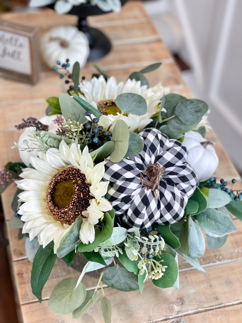 Fall Farmhouse Floral Arrangement, Flower Centerpiece, White Pumpkin ...