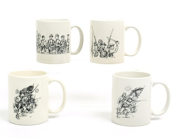 May include: Set of four white ceramic mugs with black and white illustrations of soldiers from the American Civil War. Each mug features a different scene from the war.