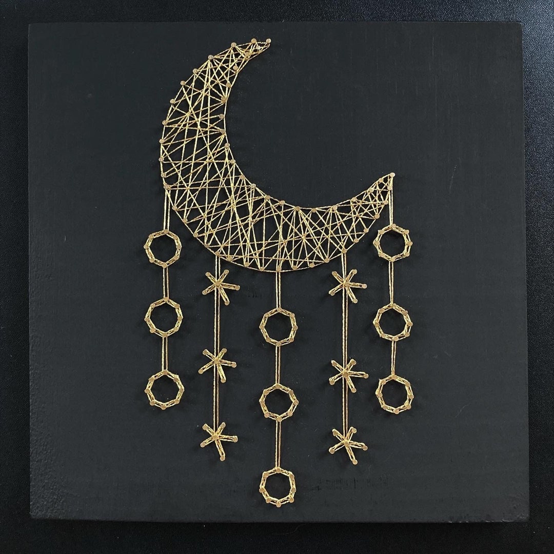 Crescent String Moon Stars Dangling String Art Minimalist Mystic New Age Art Crescent ...