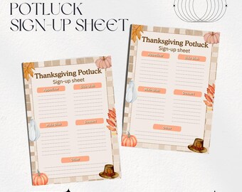 Könnte beinhalten: Zwei Thanksgiving-Potluck-Anmeldebögen mit einem beige-braunen Karomuster. Die Bögen haben Abschnitte für Vorspeisen, Beilagen, Hauptgerichte, Desserts und Sonstiges. Die Bögen sind mit Kürbissen, Blättern und Pilgerhüten verziert.