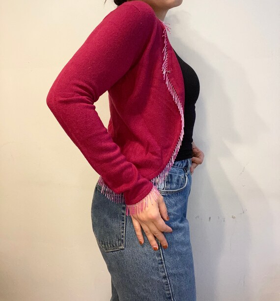 JennyGetsDressed Sparkly Fringe Pink Cardigan Y2k