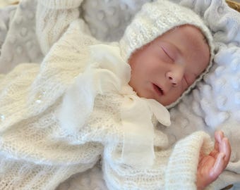 Hand Knit Alpaca Baby Outfit: Ivory Jacket and Bonnet Set