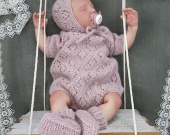 Knit Baby Romper Set: Alpaca Merino Bonnet & Booties - Gentle Pink