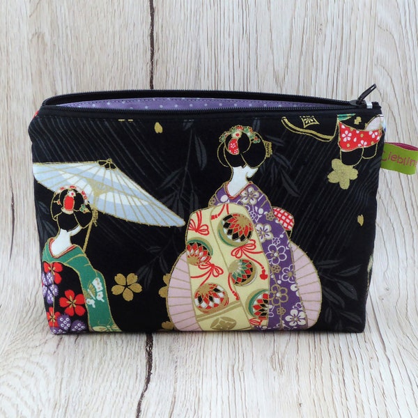 Kleiner Kulturbeutel aus Stoff,  Kosmetiktasche, Schminktäschchen, Taschenorganizer, Geisha, japanischer Stoff