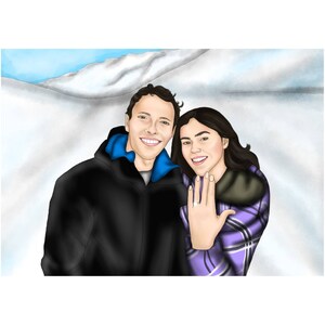 May include: A couple poses for a photo in front of a snowy mountain. The woman is wearing a purple and white plaid shirt and has a diamond ring on her finger. The man is wearing a black jacket with a blue lining.