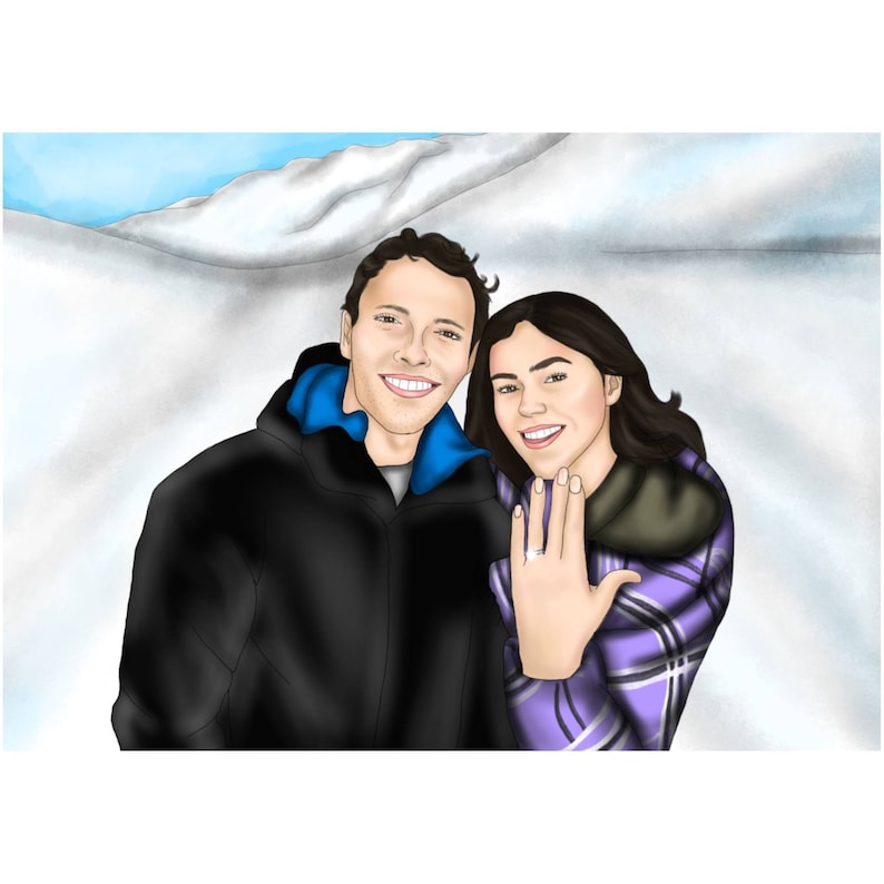 May include: A couple poses for a photo in front of a snowy mountain. The woman is wearing a purple and white plaid shirt and has a diamond ring on her finger. The man is wearing a black jacket with a blue lining.