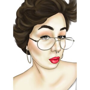 May include: A digital illustration of a person with short brown hair wearing gold-rimmed glasses and a nose ring. They are wearing red lipstick and have a neutral expression.