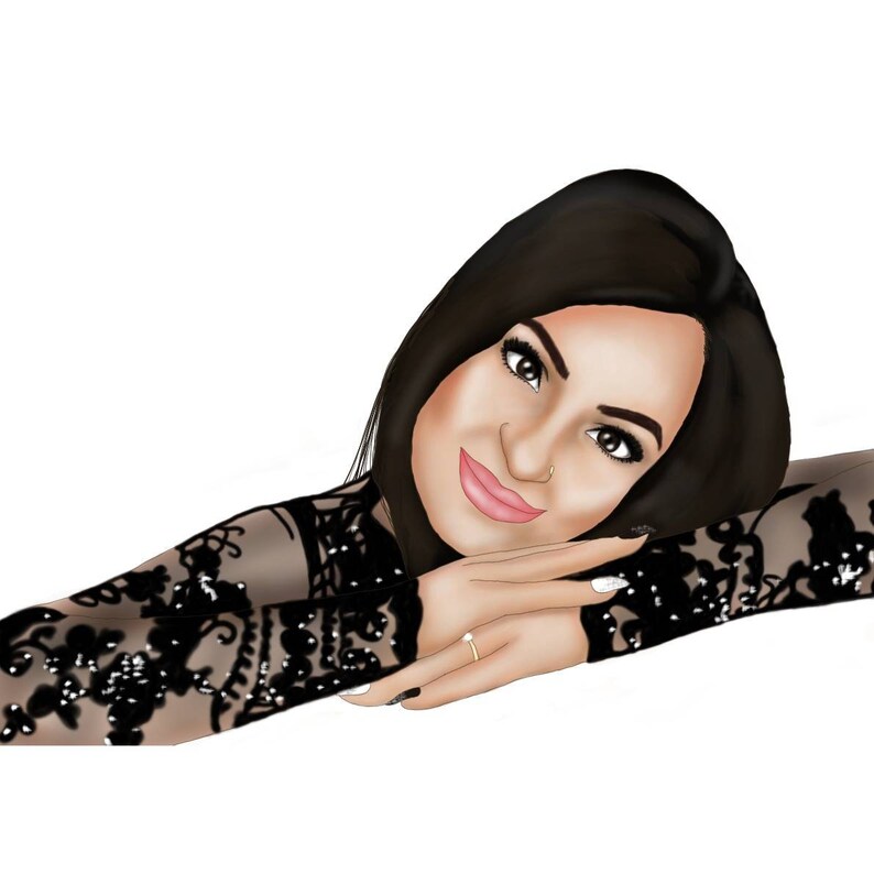May include: A woman with long black hair is wearing a black lace dress. She is resting her chin on her hand and looking at the camera with a smile.