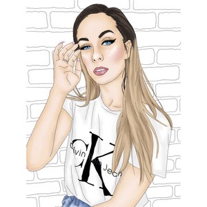 May include: A woman with long blonde hair is wearing a white t-shirt with a black "Calvin Klein" logo. She is standing in front of a white brick wall.