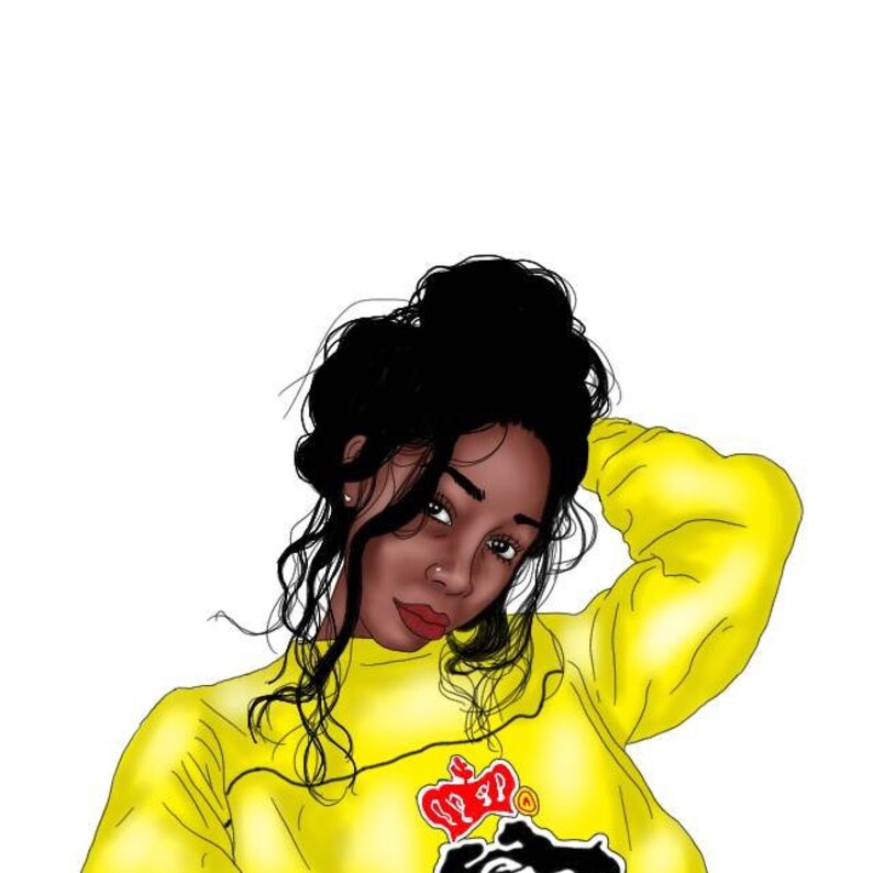 May include: A digital illustration of a woman with dark brown skin and long, curly black hair. She is wearing a yellow sweatshirt with a red crown and black graphic on the front.