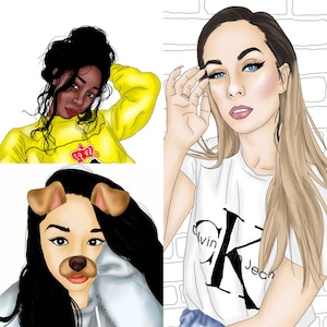 May include: Three digital illustrations of women. The first woman has dark brown hair and is wearing a yellow sweatshirt with a red crown graphic. The second woman has long blonde hair and is wearing a white t-shirt with a black "Calvin Klein" logo. The third woman has long black hair and is wearing a light blue hoodie with a dog filter over her face.