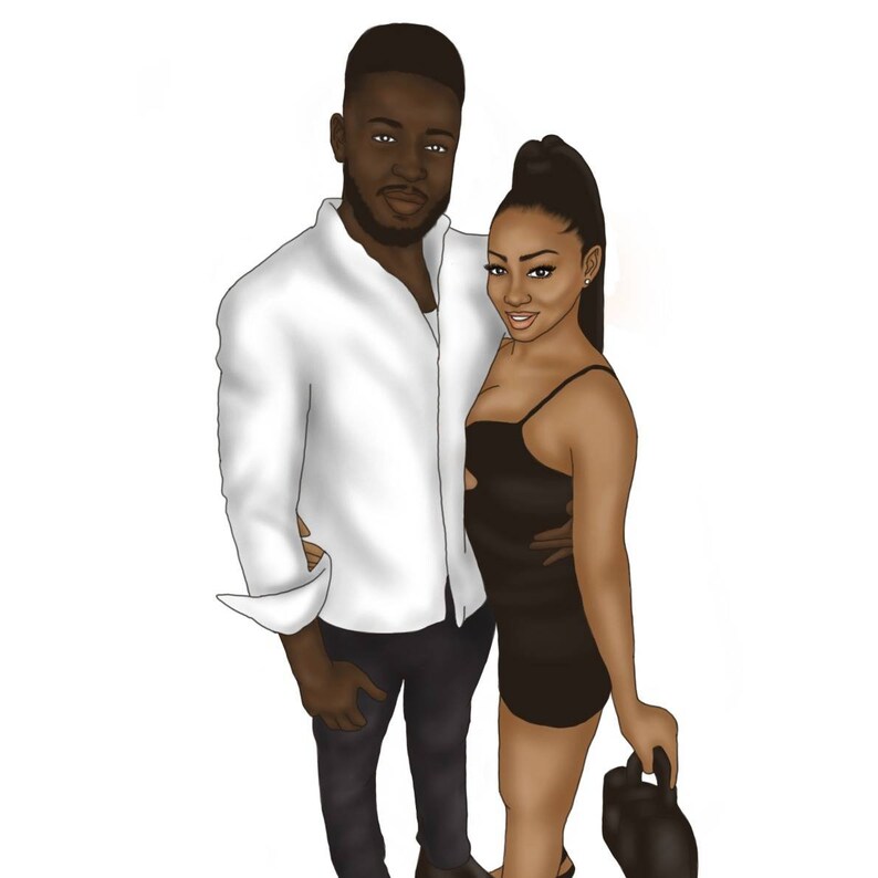 May include: A couple poses for a portrait. The man is wearing a white button-down shirt and dark blue jeans. The woman is wearing a black sleeveless dress and has her hair pulled back in a ponytail.