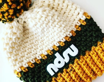 Throwback NDSU Bison Slouchy Beanie Hat | Adult Unisex | Champions | Green and Gold | Pom pom