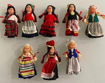Vintage  International Dolls Lot Of 8 Miniature Sleepy Eyes 4” Souvenir Dolls