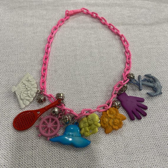 Charm Necklace With 8 Charms Vintage 80s Clip Bell Charms, Hot Pink Chain