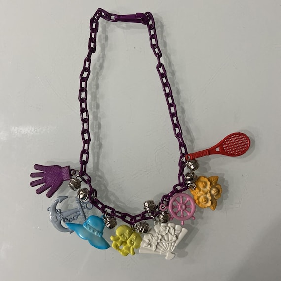 Charm Necklace With 8 Charms Vintage 80s Clip Bell Charms, Purple Chain