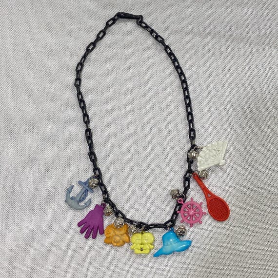 Charm Necklace With 8 Charms Vintage 80s Clip Bell Charms, Black Chain