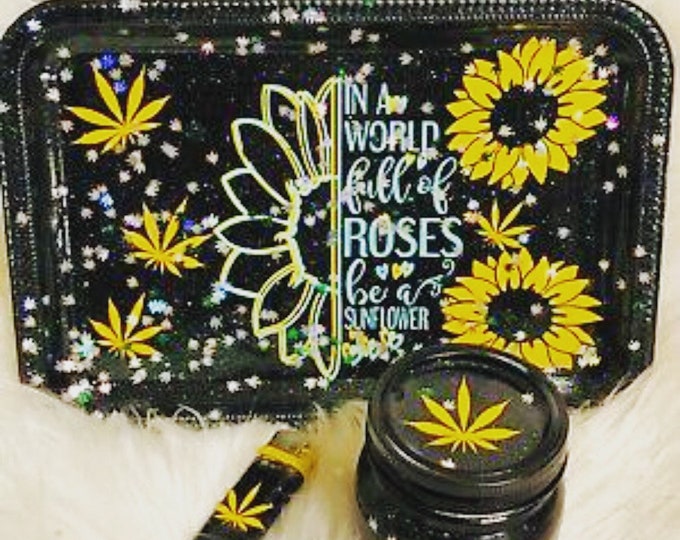 Sunflowers Rolling Tray Medical Tray Set of 3 Tray, Jar and Lighter. in