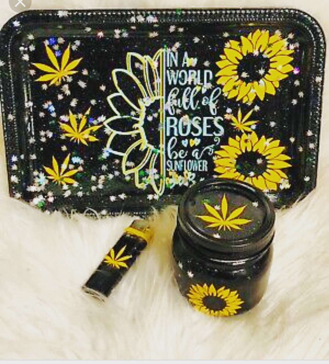 Sunflowers Rolling Tray Medical Tray Set of 3 Tray, Jar and Lighter. in