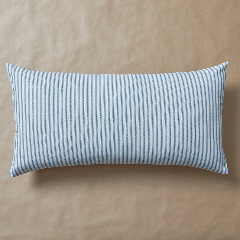 Blue Ticking Stripe Long Lumbar Pillow Cover Blue Throw Pillow Etsy