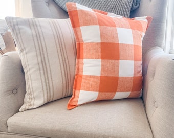 Fall Pillows Boho Pillow Cover Fall Pillow Cover 18x18 Pillow Cover Set Tan Stripe Grainsack Farmhouse Pillow Orange and White Buffalo Check