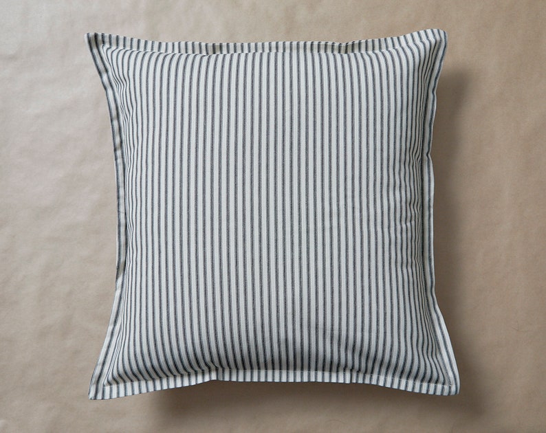 Black Ticking Stripe Pillow Cover Farmhouse Throw Pillow Shabby Chic Throw Pillows Cottage Farmhouse Decor Pillow Ruffled 20x20 18x18 image 2