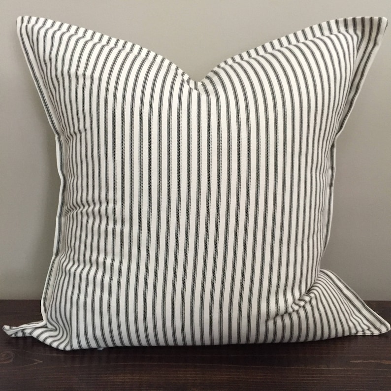 Black Ticking Stripe Pillow Cover Farmhouse Throw Pillow Shabby Chic Throw Pillows Cottage Farmhouse Decor Pillow Ruffled 20x20 18x18 image 5