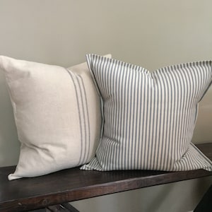 Throw Pillow Set of 2  Blue Stripe Grain Sack Pillow Blue Ticking Stripe Pillow Pillow Set for Couch Decorative Pillow Covers 20x20 18x18