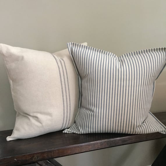 Throw Pillow Set of 2 Blue Stripe Grain Sack Pillow Blue Ticking