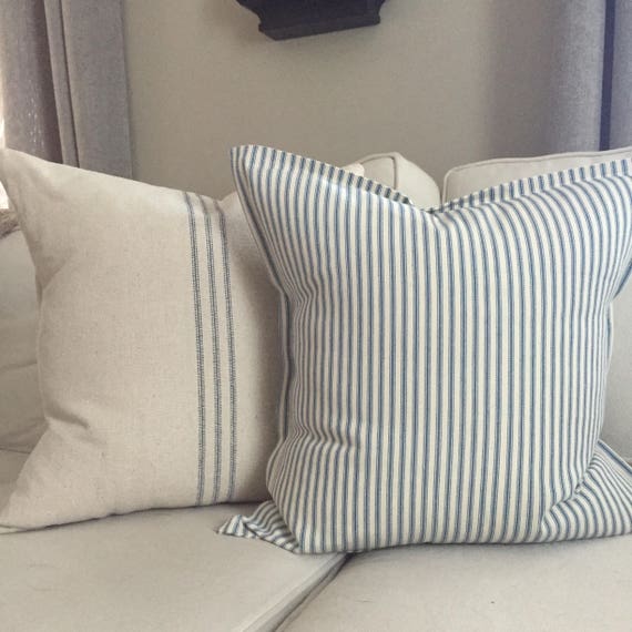 Throw Pillow Set of 2 Blue Stripe Grain Sack Pillow Blue Ticking