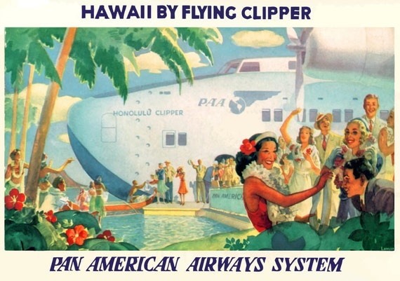 Hawaii Hula Skirt Pan American Airlines Vintage Art Travel Poster Print Giclee