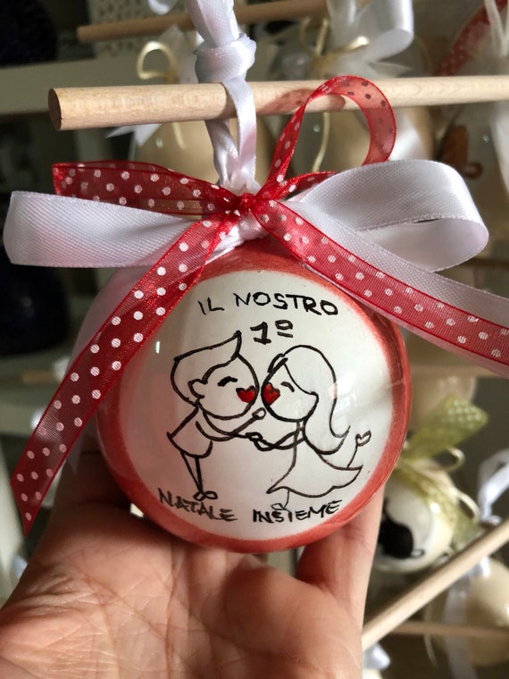 Ball, red ceramic ball,gift idea, Christmas tree ornament with lovers,he and her,first Christmas together. Italy.